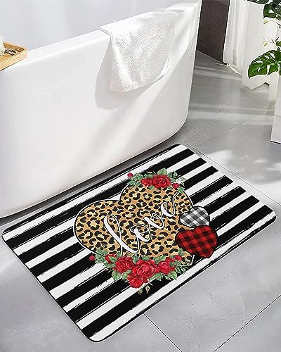 Leopard Rose Love Bath Mat for Tub,Non Slip Bathroom Floor Runner Rug Quick Dry & Absorbent Diatomaceous Earth Kitchen Shower Sink Washable Doormat,Valentine's Vintage Geometry Stripes Plaid 16"x24"