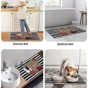 Leopard Rose Love Bath Mat for Tub,Non Slip Bathroom Floor Runner Rug Quick Dry & Absorbent Diatomaceous Earth Kitchen Shower Sink Washable Doormat,Valentine's Vintage Geometry Stripes Plaid 16"x24"