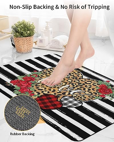 Leopard Rose Love Bath Mat for Tub,Non Slip Bathroom Floor Runner Rug Quick Dry & Absorbent Diatomaceous Earth Kitchen Shower Sink Washable Doormat,Valentine's Vintage Geometry Stripes Plaid 16"x24"