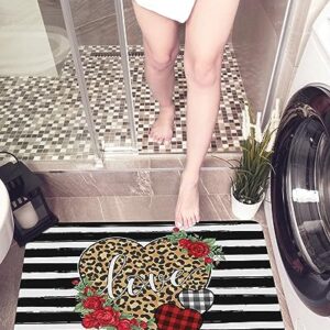 Leopard Rose Love Bath Mat for Tub,Non Slip Bathroom Floor Runner Rug Quick Dry & Absorbent Diatomaceous Earth Kitchen Shower Sink Washable Doormat,Valentine's Vintage Geometry Stripes Plaid 16"x24"