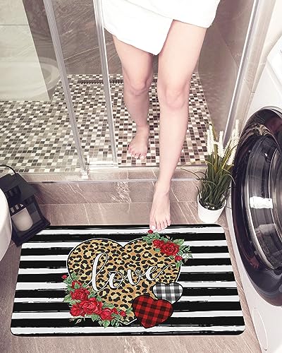 Leopard Rose Love Bath Mat for Tub,Non Slip Bathroom Floor Runner Rug Quick Dry & Absorbent Diatomaceous Earth Kitchen Shower Sink Washable Doormat,Valentine's Vintage Geometry Stripes Plaid 16"x24"