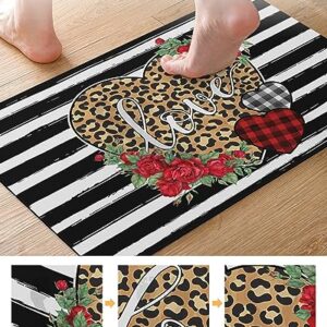 Leopard Rose Love Bath Mat for Tub,Non Slip Bathroom Floor Runner Rug Quick Dry & Absorbent Diatomaceous Earth Kitchen Shower Sink Washable Doormat,Valentine's Vintage Geometry Stripes Plaid 16"x24"