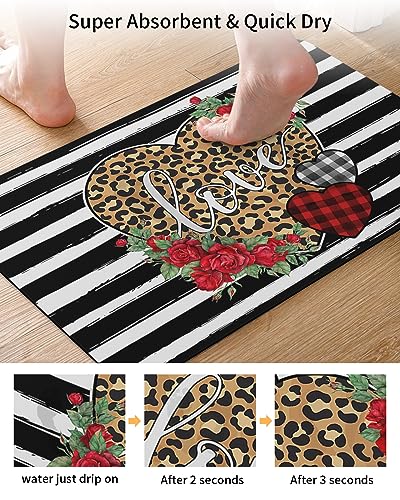 Leopard Rose Love Bath Mat for Tub,Non Slip Bathroom Floor Runner Rug Quick Dry & Absorbent Diatomaceous Earth Kitchen Shower Sink Washable Doormat,Valentine's Vintage Geometry Stripes Plaid 16"x24"