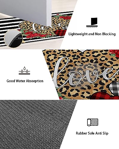 Leopard Rose Love Bath Mat for Tub,Non Slip Bathroom Floor Runner Rug Quick Dry & Absorbent Diatomaceous Earth Kitchen Shower Sink Washable Doormat,Valentine's Vintage Geometry Stripes Plaid 16"x24"