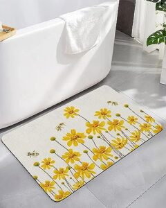 yellow floral bath mat for tub,non slip bathroom floor runner rug quick dry & absorbent diatomaceous earth kitchen room shower sink washable doormat,summer spring bee rustic chic watercolor 16"x24"