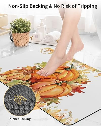 Autumn Pumpkins Bath Mat for Tub,Non Slip Bathroom Floor Runner Rug Quick Dry & Absorbent Diatomaceous Earth Kitchen Room Shower Sink Washable Doormat,Thanksgiving Eucalyptus Maple Leaves 18"x30"