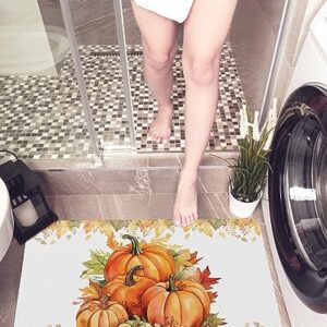 Autumn Pumpkins Bath Mat for Tub,Non Slip Bathroom Floor Runner Rug Quick Dry & Absorbent Diatomaceous Earth Kitchen Room Shower Sink Washable Doormat,Thanksgiving Eucalyptus Maple Leaves 18"x30"