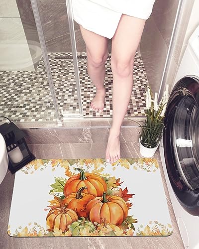 Autumn Pumpkins Bath Mat for Tub,Non Slip Bathroom Floor Runner Rug Quick Dry & Absorbent Diatomaceous Earth Kitchen Room Shower Sink Washable Doormat,Thanksgiving Eucalyptus Maple Leaves 18"x30"