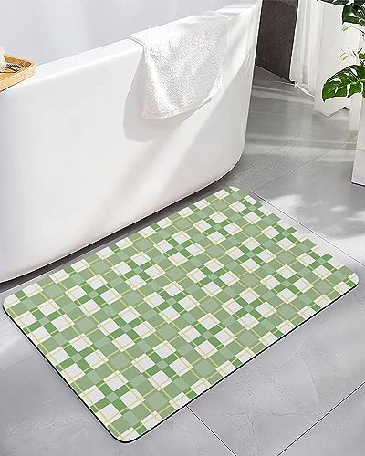 Ombre Green Plaid Bath Mat for Tub,Non Slip Bathroom Floor Runner Rug Quick Dry & Absorbent Diatomaceous Earth Kitchen Room Shower Sink Washable Doormat,Minimalistic Geometric Farmhouse Grid 18"x30"