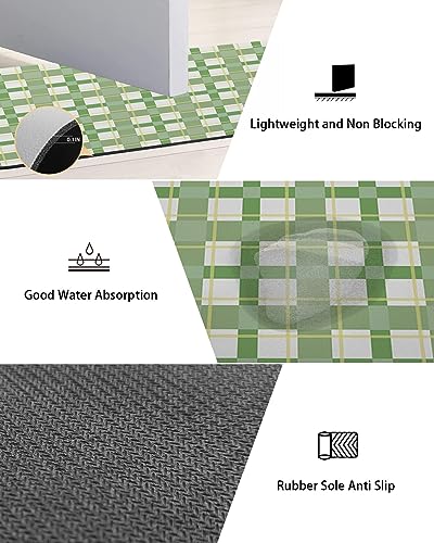 Ombre Green Plaid Bath Mat for Tub,Non Slip Bathroom Floor Runner Rug Quick Dry & Absorbent Diatomaceous Earth Kitchen Room Shower Sink Washable Doormat,Minimalistic Geometric Farmhouse Grid 18"x30"