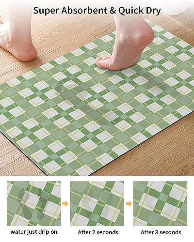 Ombre Green Plaid Bath Mat for Tub,Non Slip Bathroom Floor Runner Rug Quick Dry & Absorbent Diatomaceous Earth Kitchen Room Shower Sink Washable Doormat,Minimalistic Geometric Farmhouse Grid 18"x30"