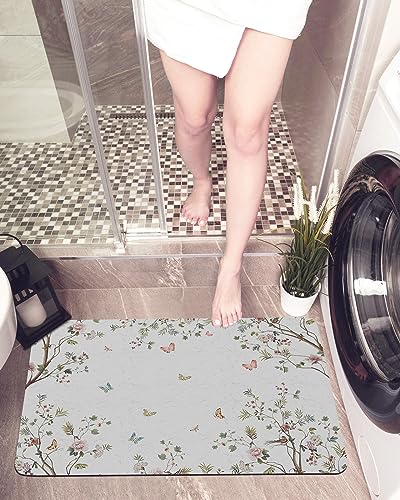 Flower Tree Bath Mat for Tub,Non Slip Bathroom Floor Runner Rug Quick Dry & Absorbent Diatomaceous Earth Kitchen Room Shower Sink Washable Doormat,Vintage Plant Leaves Elegant Butter-fly 18"x30"