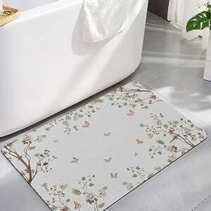 Flower Tree Bath Mat for Tub,Non Slip Bathroom Floor Runner Rug Quick Dry & Absorbent Diatomaceous Earth Kitchen Room Shower Sink Washable Doormat,Vintage Plant Leaves Elegant Butter-fly 18"x30"