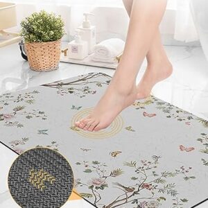 Flower Tree Bath Mat for Tub,Non Slip Bathroom Floor Runner Rug Quick Dry & Absorbent Diatomaceous Earth Kitchen Room Shower Sink Washable Doormat,Vintage Plant Leaves Elegant Butter-fly 18"x30"