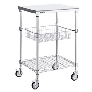 vevor kitchen utility cart, 20"x24"x36.6" 3 tiers wire rolling cart, 470lbs capacity steel service cart with brake wheels, storage trolley with 76mm basket pp liner 6 hooks, for indoor & outdoor use