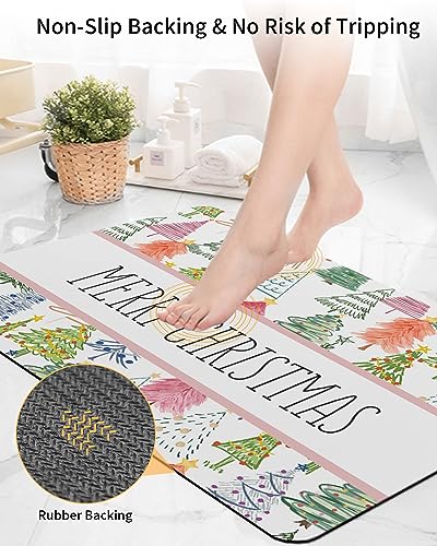 Christmas Bath Mat for Tub,Non Slip Bathroom Floor Runner Rug Quick Dry & Absorbent Diatomaceous Earth Shower Sink Kitchen Living Room Washable Doormat,Cartoon Colorful Xmas Tree Watercolor 16"x24"