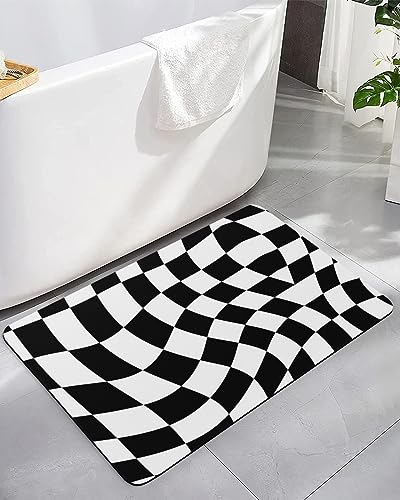 Black White Bath Mat for Tub,Non Slip Bathroom Floor Runner Rug Quick Dry & Absorbent Diatomaceous Earth Kitchen Room Shower Sink Washable Doormat,Geometry Checkered Flag Modern Abstract Dizz 16"x24"