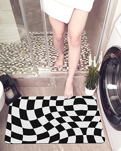 Black White Bath Mat for Tub,Non Slip Bathroom Floor Runner Rug Quick Dry & Absorbent Diatomaceous Earth Kitchen Room Shower Sink Washable Doormat,Geometry Checkered Flag Modern Abstract Dizz 16"x24"