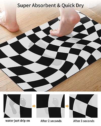 Black White Bath Mat for Tub,Non Slip Bathroom Floor Runner Rug Quick Dry & Absorbent Diatomaceous Earth Kitchen Room Shower Sink Washable Doormat,Geometry Checkered Flag Modern Abstract Dizz 16"x24"