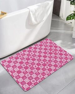 pink fruit checkered bath mat for tub,non slip bathroom floor runner rug quick dry & absorbent diatomaceous earth kitchen shower sink washable doormat,funny cute fantasy food plaid lattice 18"x30"