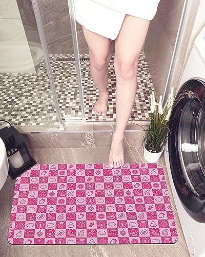 Pink Fruit Checkered Bath Mat for Tub,Non Slip Bathroom Floor Runner Rug Quick Dry & Absorbent Diatomaceous Earth Kitchen Shower Sink Washable Doormat,Funny Cute Fantasy Food Plaid Lattice 18"x30"
