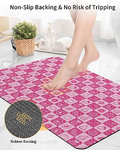 Pink Fruit Checkered Bath Mat for Tub,Non Slip Bathroom Floor Runner Rug Quick Dry & Absorbent Diatomaceous Earth Kitchen Shower Sink Washable Doormat,Funny Cute Fantasy Food Plaid Lattice 18"x30"