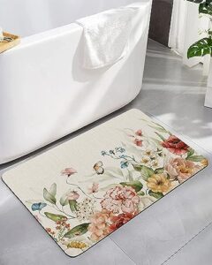 retro flowers bath mat for tub,non slip bathroom floor runner rug quick dry & absorbent diatomaceous earth kitchen shower sink washable doormat,rustic fall winter rose florals spring plant 20"x32"