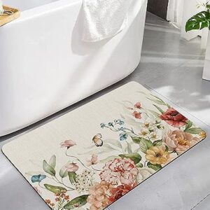 Retro Flowers Bath Mat for Tub,Non Slip Bathroom Floor Runner Rug Quick Dry & Absorbent Diatomaceous Earth Kitchen Shower Sink Washable Doormat,Rustic Fall Winter Rose Florals Spring Plant 20"x32"