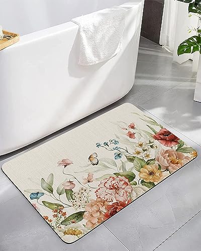 Retro Flowers Bath Mat for Tub,Non Slip Bathroom Floor Runner Rug Quick Dry & Absorbent Diatomaceous Earth Kitchen Shower Sink Washable Doormat,Rustic Fall Winter Rose Florals Spring Plant 20"x32"