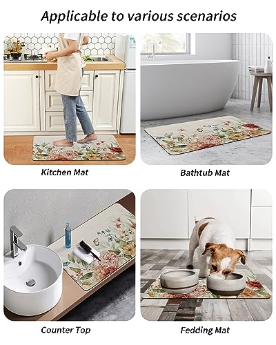 Retro Flowers Bath Mat for Tub,Non Slip Bathroom Floor Runner Rug Quick Dry & Absorbent Diatomaceous Earth Kitchen Shower Sink Washable Doormat,Rustic Fall Winter Rose Florals Spring Plant 20"x32"