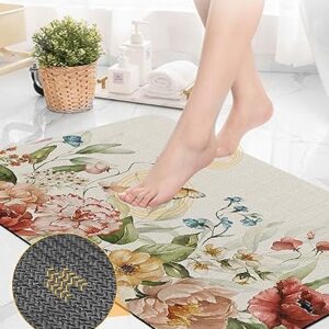 Retro Flowers Bath Mat for Tub,Non Slip Bathroom Floor Runner Rug Quick Dry & Absorbent Diatomaceous Earth Kitchen Shower Sink Washable Doormat,Rustic Fall Winter Rose Florals Spring Plant 20"x32"