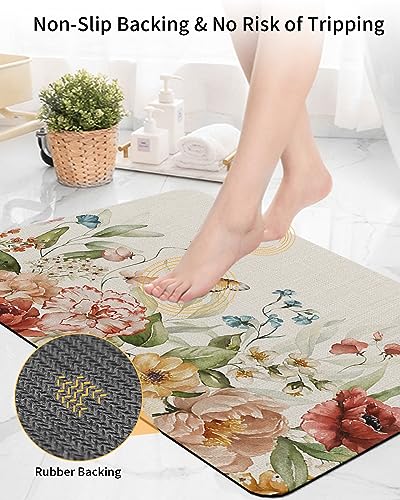 Retro Flowers Bath Mat for Tub,Non Slip Bathroom Floor Runner Rug Quick Dry & Absorbent Diatomaceous Earth Kitchen Shower Sink Washable Doormat,Rustic Fall Winter Rose Florals Spring Plant 20"x32"
