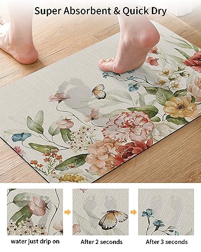 Retro Flowers Bath Mat for Tub,Non Slip Bathroom Floor Runner Rug Quick Dry & Absorbent Diatomaceous Earth Kitchen Shower Sink Washable Doormat,Rustic Fall Winter Rose Florals Spring Plant 20"x32"