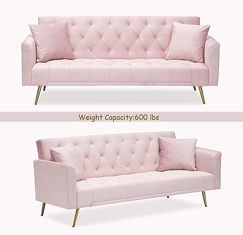 72"Modern Velvet Sofa Bed Futon,Convertible Folding Sleeper Bed Couches with 3 Adjustable Backrests,Tufted Recliner Loveseat with Golden Chrome Legs for Small Living Room Office (Light Pink+pillows)