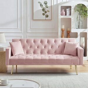 72"modern velvet sofa bed futon,convertible folding sleeper bed couches with 3 adjustable backrests,tufted recliner loveseat with golden chrome legs for small living room office (light pink+pillows)