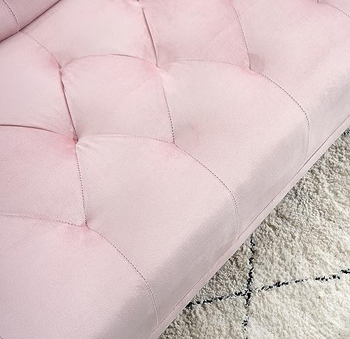 72"Modern Velvet Sofa Bed Futon,Convertible Folding Sleeper Bed Couches with 3 Adjustable Backrests,Tufted Recliner Loveseat with Golden Chrome Legs for Small Living Room Office (Light Pink+pillows)