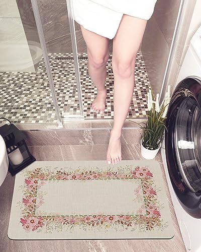 Spring Summer Bath Mat for Tub,Non Slip Bathroom Floor Runner Rug Quick Dry & Absorbent Diatomaceous Earth Shower Sink Kitchen Living Room Washable Doormat,Flower Florals Herb Plant Leaves 20"x32"