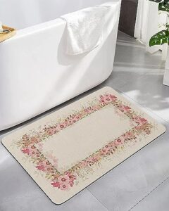spring summer bath mat for tub,non slip bathroom floor runner rug quick dry & absorbent diatomaceous earth shower sink kitchen living room washable doormat,flower florals herb plant leaves 20"x32"