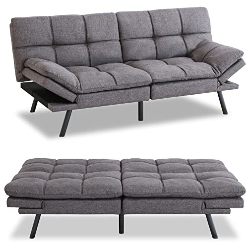 MUUEGM Futon Sofa Bed Couch,Memory Foam Convertible Sofa Sleeper Couch,Modern Futon Couch Daybed Love Seat for Living Room Small Space Apartment Office,Adjustable Armrest Backrest,Linen Fabric,Grey