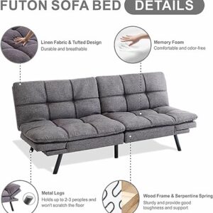 MUUEGM Futon Sofa Bed Couch,Memory Foam Convertible Sofa Sleeper Couch,Modern Futon Couch Daybed Love Seat for Living Room Small Space Apartment Office,Adjustable Armrest Backrest,Linen Fabric,Grey