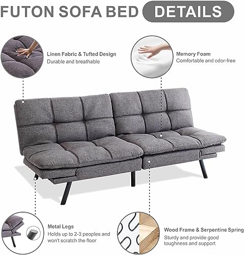 MUUEGM Futon Sofa Bed Couch,Memory Foam Convertible Sofa Sleeper Couch,Modern Futon Couch Daybed Love Seat for Living Room Small Space Apartment Office,Adjustable Armrest Backrest,Linen Fabric,Grey