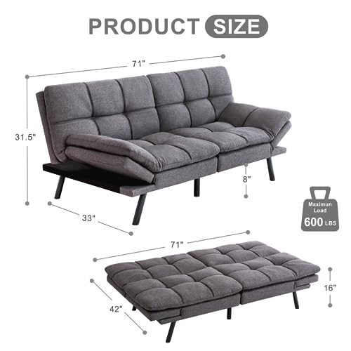 MUUEGM Futon Sofa Bed Couch,Memory Foam Convertible Sofa Sleeper Couch,Modern Futon Couch Daybed Love Seat for Living Room Small Space Apartment Office,Adjustable Armrest Backrest,Linen Fabric,Grey