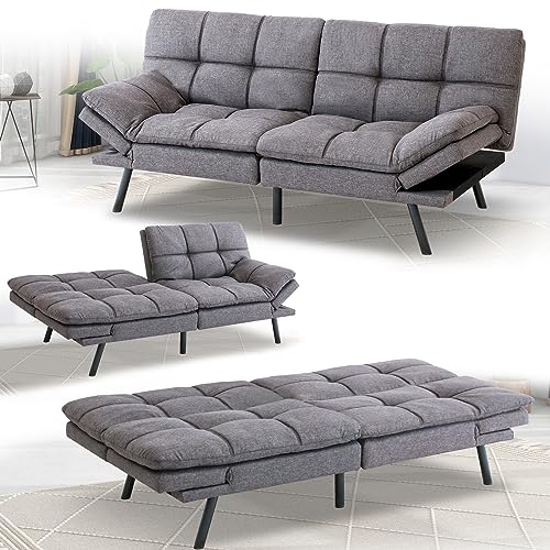 Maxspeed Futon Sofa Bed, Memory Foam Sleeper Couch, Convertible Sofa Bed with Adjustable Armrests and Backrest, Loveseat Sofa, Daybed Couch, Modern Couch for Living Room, Office, Small Space, Grey