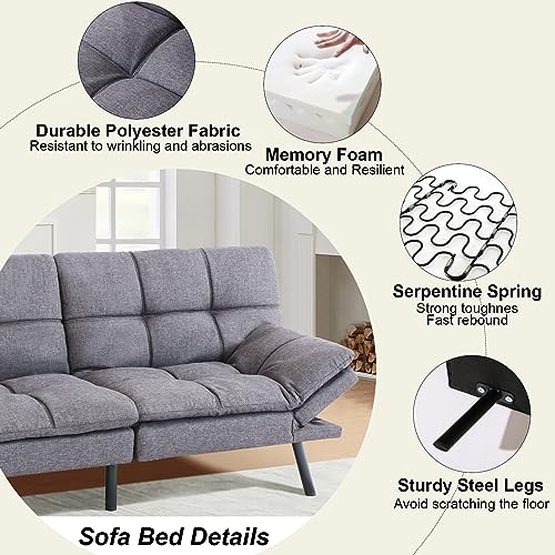 Maxspeed Futon Sofa Bed, Memory Foam Sleeper Couch, Convertible Sofa Bed with Adjustable Armrests and Backrest, Loveseat Sofa, Daybed Couch, Modern Couch for Living Room, Office, Small Space, Grey