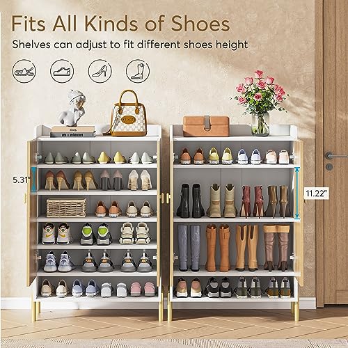 LITTLE TREE Storage Organizer Cabinet Wood Shoe Rack with Doors Adjustable Shelves, Wood & White