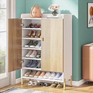 LITTLE TREE Storage Organizer Cabinet Wood Shoe Rack with Doors Adjustable Shelves, Wood & White