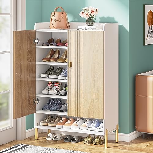 LITTLE TREE Storage Organizer Cabinet Wood Shoe Rack with Doors Adjustable Shelves, Wood & White