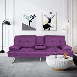 erye modern futon sofa loveseat convertible sleeper couch bed for small space apartment office living room furniture sets,tufted upholstered love seat sofabed, purple linen 66.2"