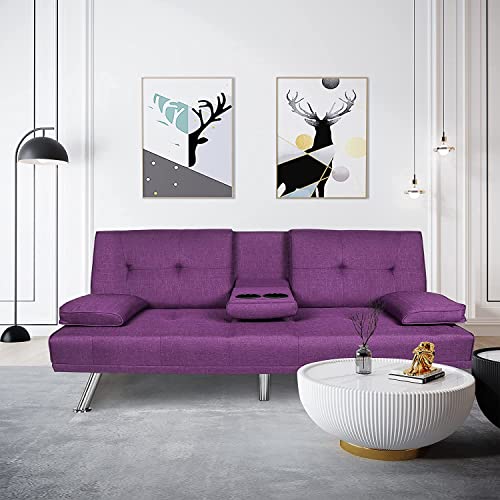 ERYE Modern Futon Sofa Loveseat Convertible Sleeper Couch Bed for Small Space Apartment Office Living Room Furniture Sets,Tufted Upholstered Love Seat Sofabed, Purple Linen 66.2"