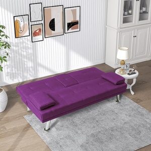 ERYE Modern Futon Sofa Loveseat Convertible Sleeper Couch Bed for Small Space Apartment Office Living Room Furniture Sets,Tufted Upholstered Love Seat Sofabed, Purple Linen 66.2"